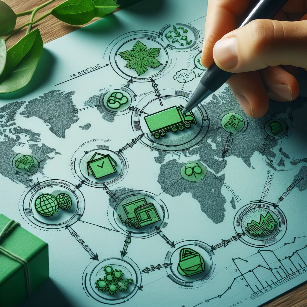 Green supply chain on a paper, with a world map